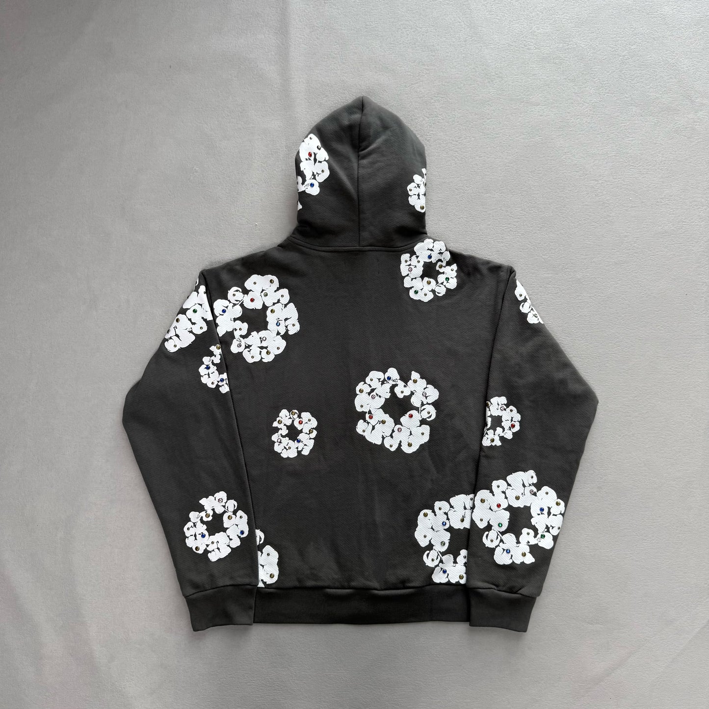 Denim Taers Rhinestone Cotton Wreath Zip Hoodie Black