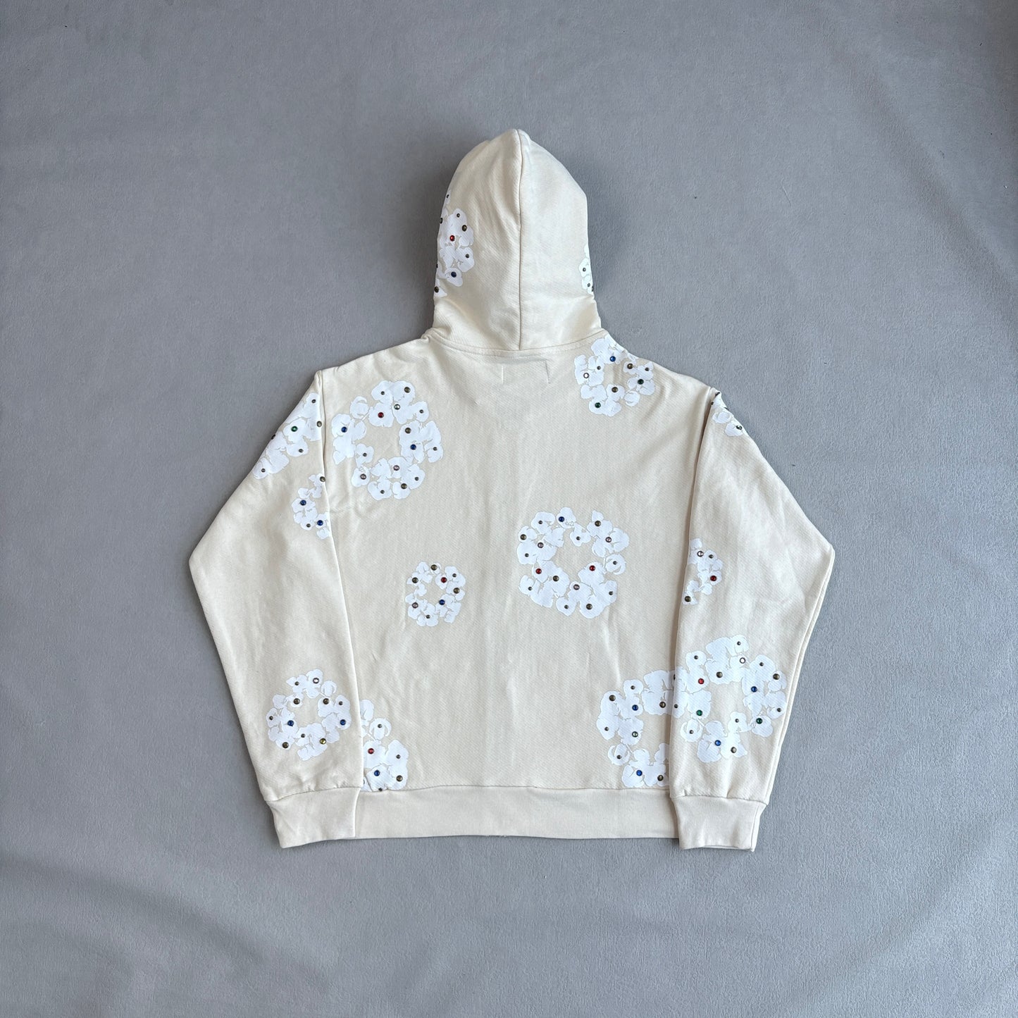 Denim Taers Rhinestone Cotton Wreath Zip Hoodie White