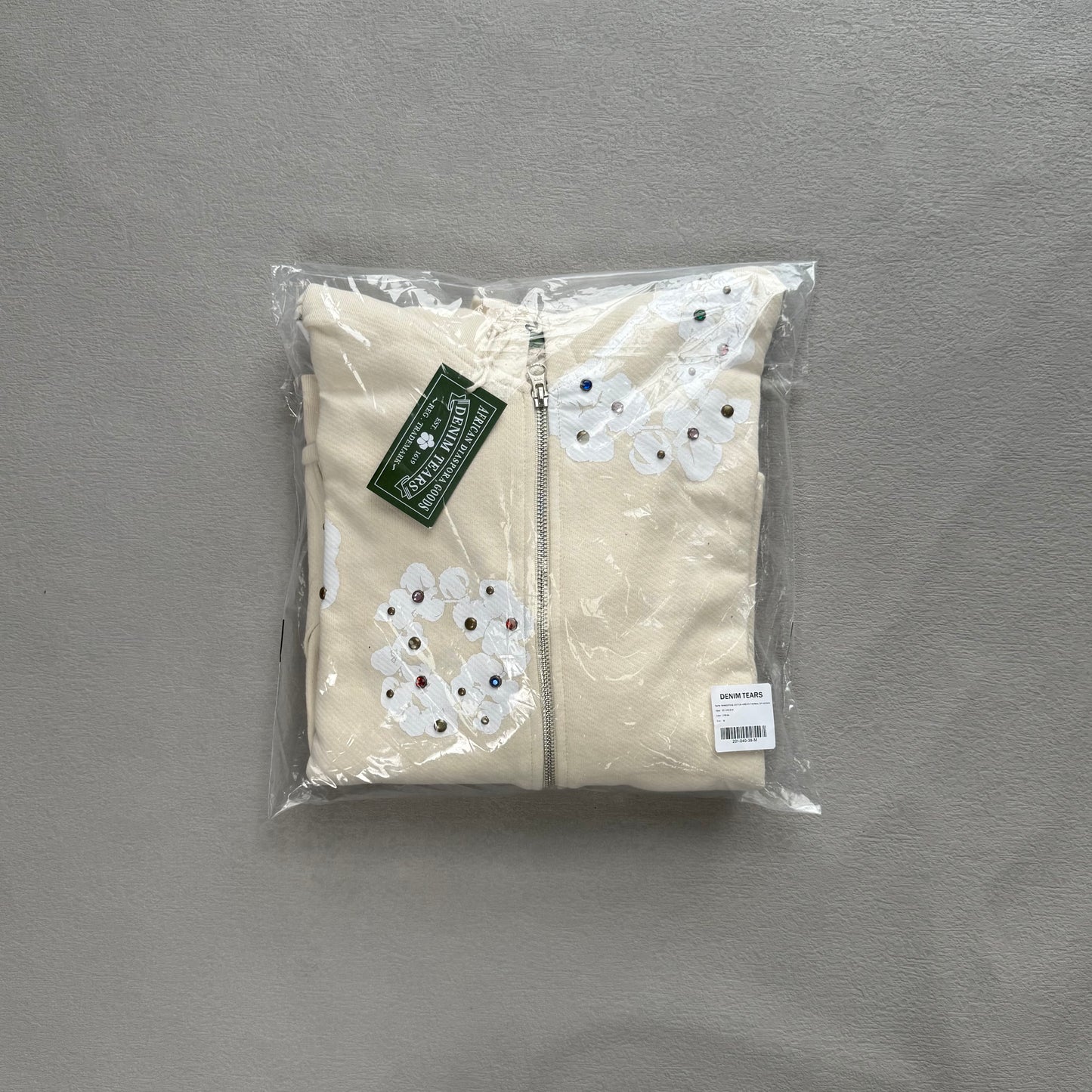 Denim Taers Rhinestone Cotton Wreath Zip Hoodie White