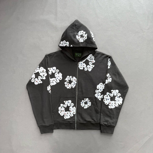 Denim Taers Rhinestone Cotton Wreath Zip Hoodie Black