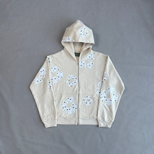 Denim Taers Rhinestone Cotton Wreath Zip Hoodie White
